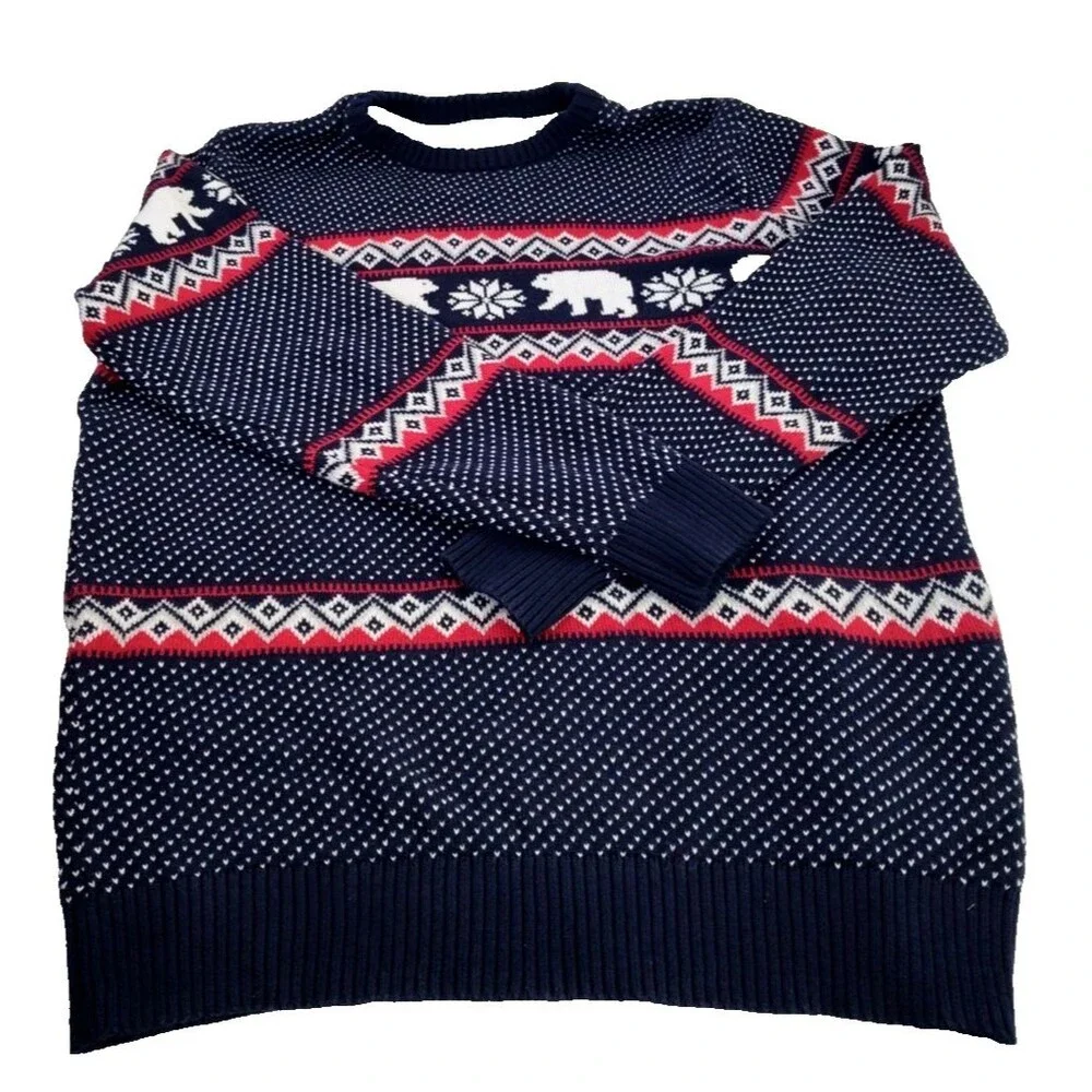 Aspen Christmas Polar Bear Fair Isle Navy Crew Neck Sweater Men's Size XL Large